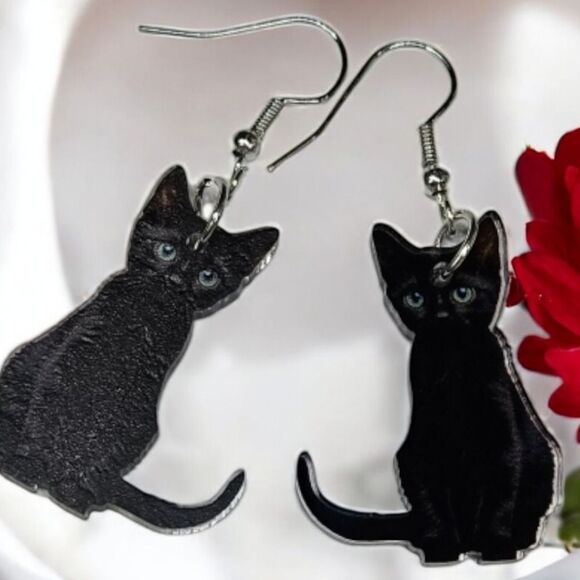 Black Cat 🐈‍⬛ Earrings Gothic Dangle Shiny Acrylic Bad Luck Kitty Cute Creepy - Picture 5 of 9